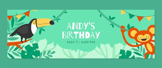Encabezado de twitter de fiesta de cumpleaños de selva de diseño plano