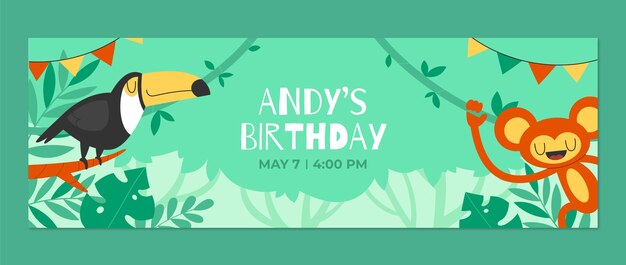 Encabezado de twitter de fiesta de cumpleaños de selva de diseño plano