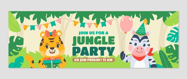 Encabezado de twitter de fiesta de cumpleaños de selva de diseño plano