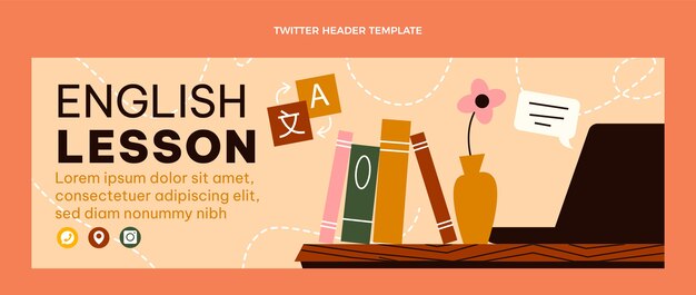 Encabezado de twitter de lecciones de inglés de diseño plano dibujado a mano