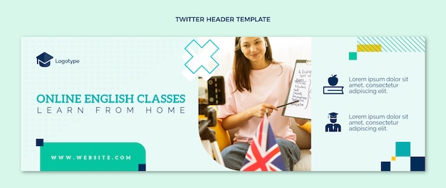 Encabezado de twitter de lecciones de inglés de diseño plano