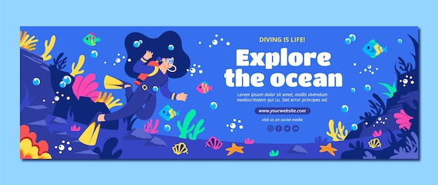 Encabezado de twitter plano dibujado a mano de buceo