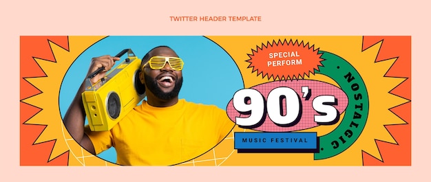 Vector gratuito encabezado de twitter plano del festival de música nostálgico de los 90