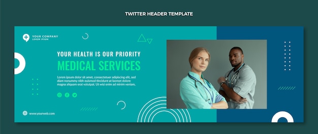 Vector gratuito encabezado de twitter de servicios médicos de diseño plano
