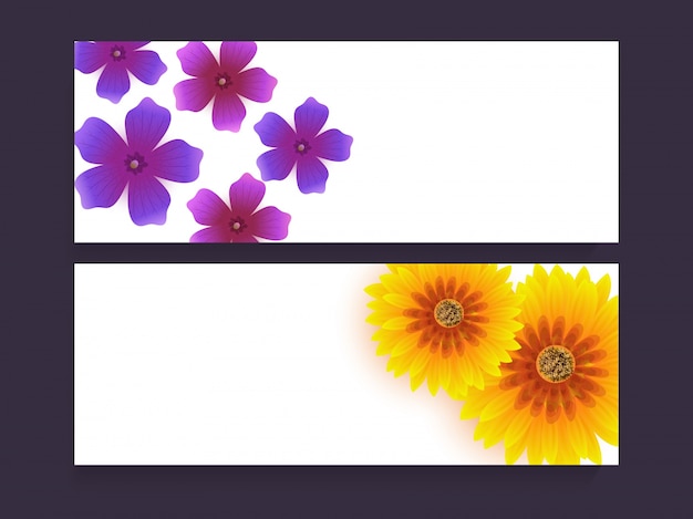 Encabezados de sitios web o banners decorados con bellas flores púrpuras y amarillas.