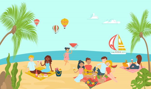 Picnic romántico en la playa ilustración de color plano | Vector Premium