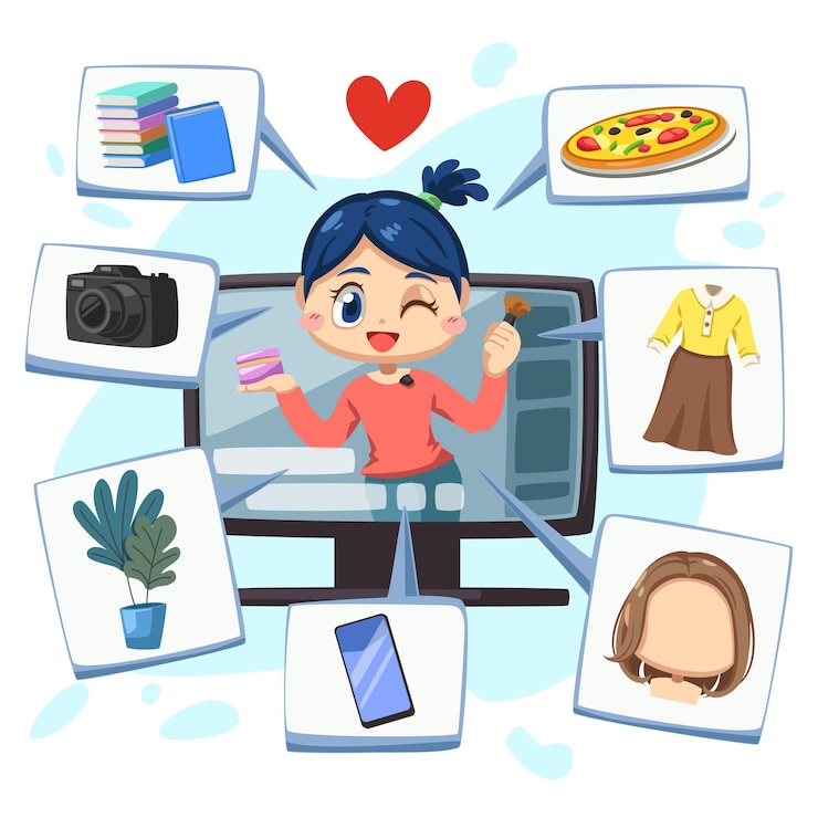 Vector gratuito la encantadora blogger usa una computadora de escritorio para aprender en línea desde casa