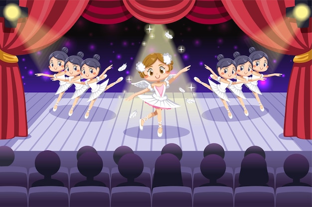 Encantadora mujer mostrando ballet con bailarines actúan en el escenario con hermosa iluminación en personaje de dibujos animados