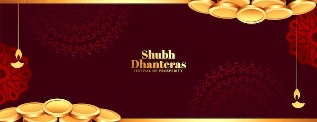 Vector gratuito encantadora pancarta religiosa shubh dhanteras con vector de diseño de moneda de oro