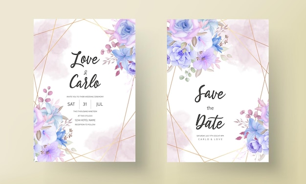 Encantadora tarjeta de invitación de boda floral rosa suave y azul