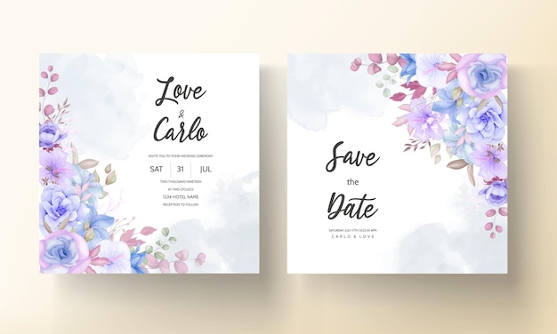 Vector gratuito encantadora tarjeta de invitación de boda floral rosa suave y azul