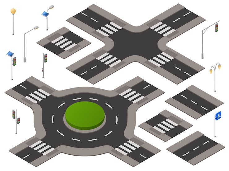 Vector gratuito encrucijada isométrica establecido. infraestructura del transporte de la carretera 3d, paisaje urbano