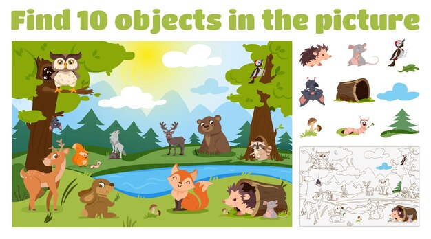 Encuentra 10 objetos ocultos de animales del bosque en la imagen.