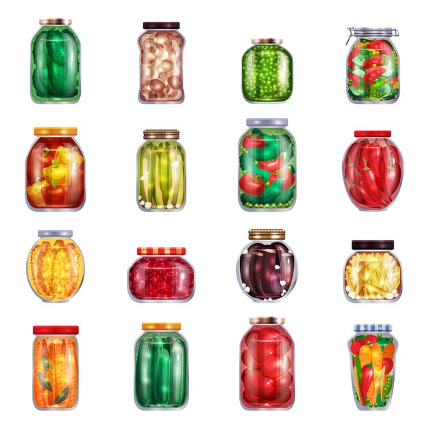 Encurtidos conjunto de dieciséis tarros de albañil aislados llenos de frutas y verduras marinadas ilustración