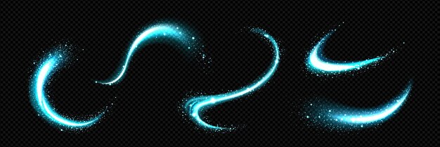 Energía mágica azul claro remolinos aislados en fondo transparente vector ilustración realista de viento fresco vórtice abstractas curvas de neón con partículas brillantes efecto de velocidad flujo de aire frío