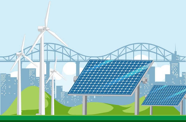 Energía verde generada por aerogeneradores y paneles solares.