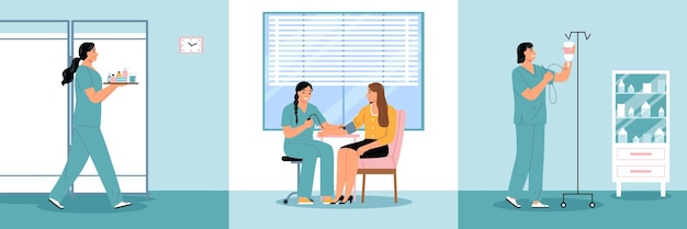 Enfermera composiciones planas con profesional médico femenino en hospital ilustración vectorial aislada