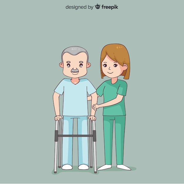 Enfermera dibujada a mano ayudando paciente