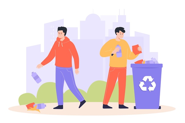 Enfoque correcto e incorrecto para tirar la basura. Un hombre desechando desechos en el suelo, otra persona tirando plástico o basura en el reciclaje puede ilustrar un vector plano. Ecología, concepto de medio ambiente