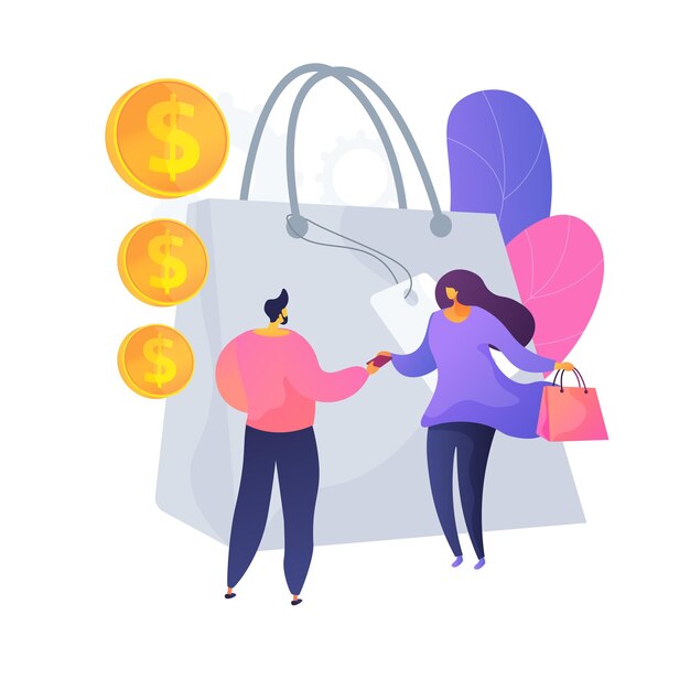 Enfoque de venta personalizado. Estrategia de marketing de moda, interacción vendedor y comprador, comunicación en el mercado. El vendedor ofrece productos al cliente. Ilustración de metáfora de concepto aislado de vector