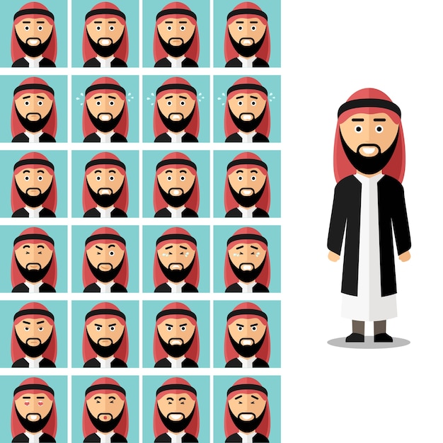Vector gratuito enfréntate a las emociones del hombre árabe. musulmán árabe triste o enojado, ilustración de sentimiento de expresión de avatar. vector en estilo plano