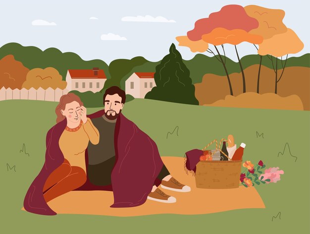 Enorme composición plana de estilo de vida con paisaje suburbano al aire libre y pareja amorosa almorzando en una cesta en la ilustración de vector de hierba