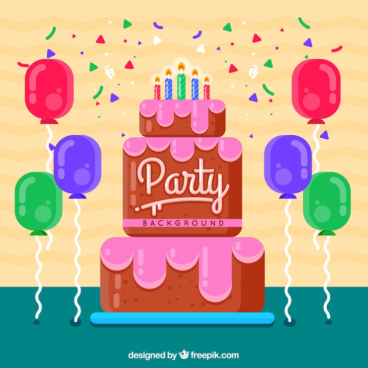 Vector gratuito enorme pastel de cumpleaños, globos y confeti