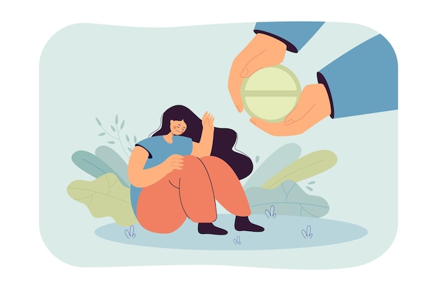 Vector gratuito enormes manos dando píldoras a la ilustración vectorial plana de la chica triste. mujer enferma sentada en el suelo y negándose a tomar medicamentos tratamiento, concepto de atención médica para banner, diseño de sitio web o página web de inicio