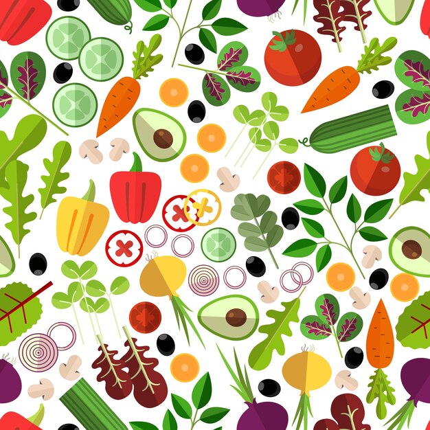Ensalada de ingredientes de patrones sin fisuras. Setas vegetales y aguacate, cebolla y zanahoria, pepino y pimiento,