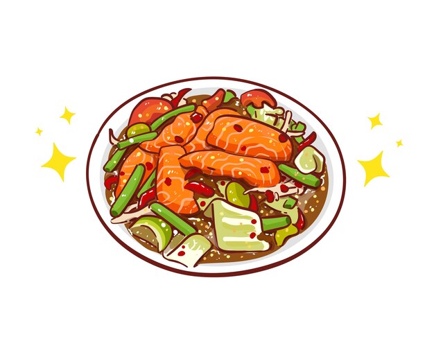 Ensalada de salmón picante comida picante restaurante logo dibujo a mano ilustración vectorial