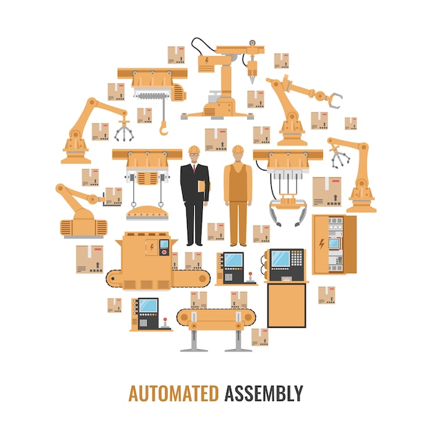 Ensamblaje automatizado composición redonda de color con conjunto de iconos amarillo aislado y título ilustración de vector de ensamblaje automatizado