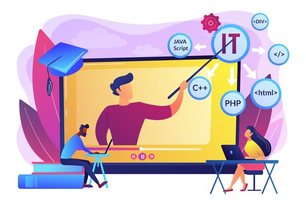 Enseñar a los estudiantes en línea. Aprendizaje por Internet. Programación de computadoras. Cursos de TI en línea, la mejor formación de TI en línea, concepto de cursos de certificación en línea.