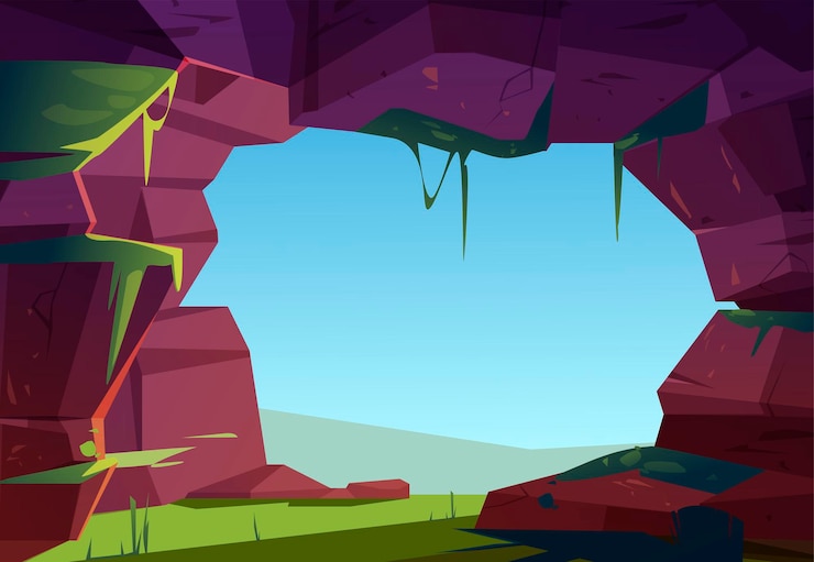 Vector gratuito entrada a la cueva en la montaña, agujero en la roca con hierba verde, musgo y vista al cielo azul