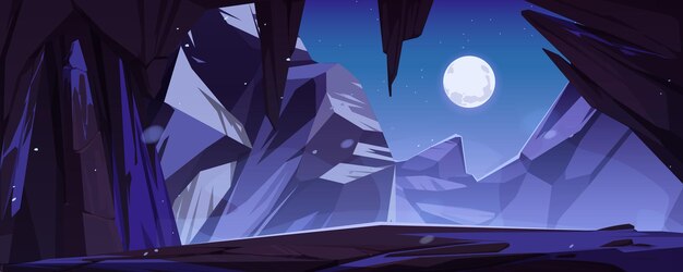 Entrada a la cueva de la montaña con vistas al paisaje nocturno de los altos picos rocosos bajo el cielo estrellado con luna llena Piedras de túnel o caverna y estalactitas fondo natural Dibujo vectorial de dibujos animados