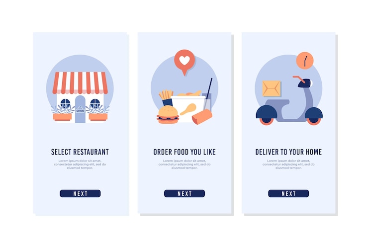 Vector gratuito entrega de alimentos: pantallas de incorporación