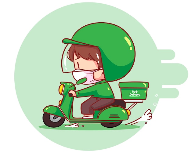 Entrega de comida hombre lindo montando motocicletas, ilustración de arte de dibujos animados vector gratuito