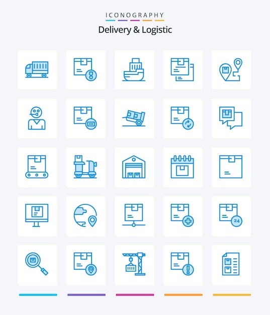 Entrega creativa y logística 25 paquete de iconos azules como caja de mercancías nave de transferencia logística