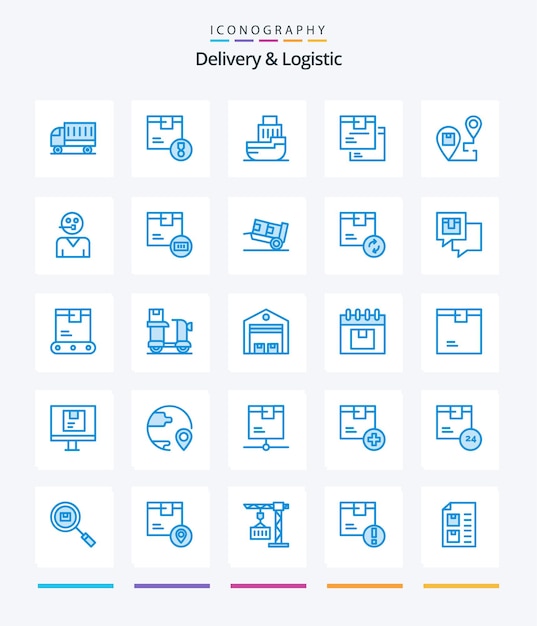 Entrega creativa y logística 25 Paquete de iconos azules como caja de mercancías nave de transferencia logística