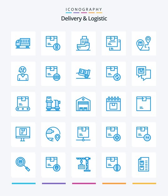 Entrega creativa y logística 25 Paquete de iconos azules como caja de mercancías nave de transferencia logística