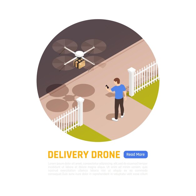Entrega por drone. Ilustración de quadcopter entrega un paquete.