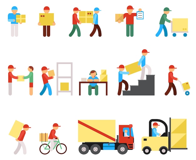 Entrega iconos planos y pictogramas de personas logísticas. servicio logístico y entrega.