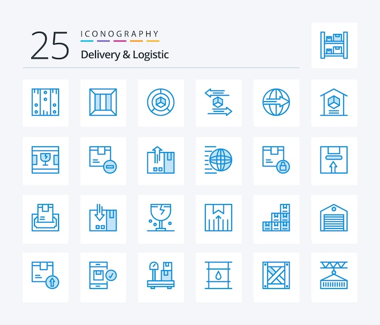 Entrega y logística 25 paquete de iconos de color azul que incluye gráfico de embalaje logístico de caja logística