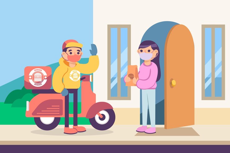 Vector gratuito entrega segura de alimentos manteniendo la distancia