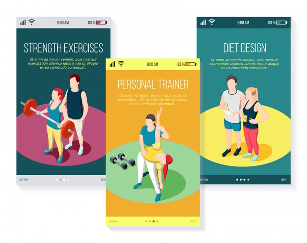 Entrenador deportivo personal ejercicios de fuerza gimnasia y dieta conjunto de pantallas móviles isométricas