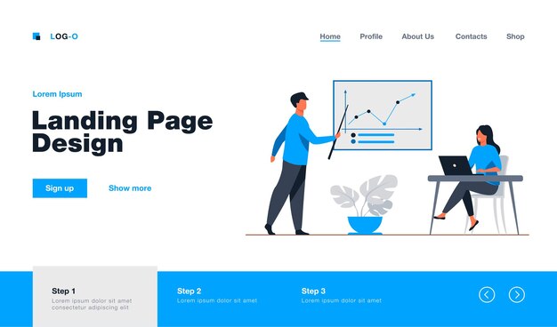 Entrenador de negocios que muestra el gráfico de crecimiento a la empresaria. Computadora portátil, entrenamiento, estadísticas ilustración plana. Diseño de sitio web de concepto de análisis y gestión o página web de destino