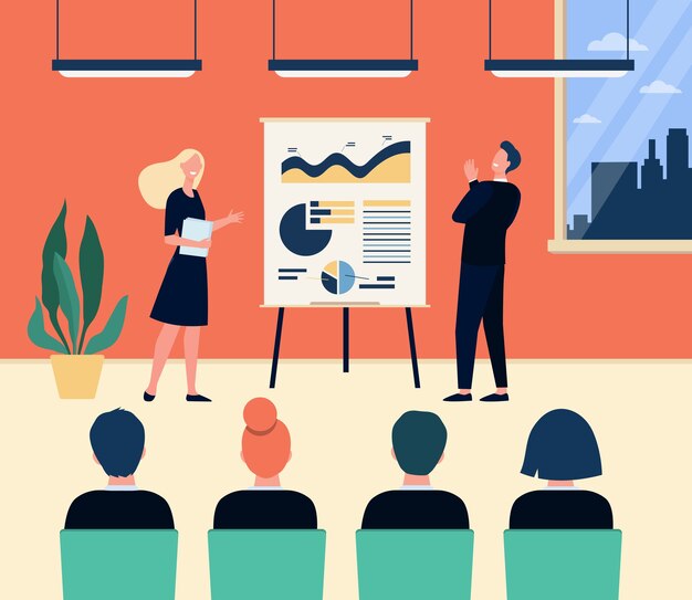 Entrenadores y empleados de la empresa felices reunidos en la sala de conferencias. Orador que presenta el diagrama en el rotafolio, actuando con una conferencia. Ilustración de vector de formación empresarial, concepto de presentación