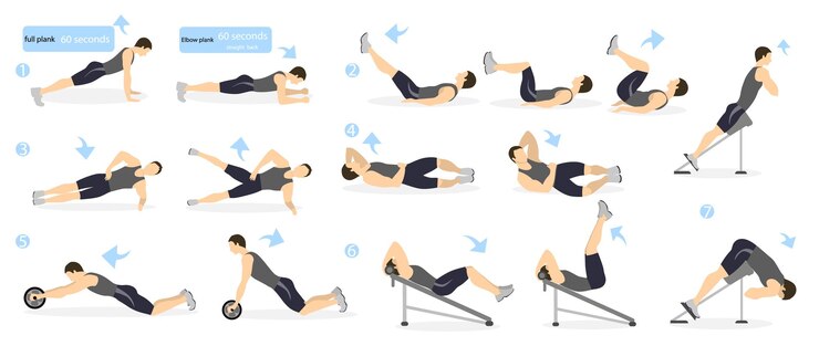 Vector gratuito entrenamiento de abdominales para hombres hombre con ropa deportiva haciendo ejercicios de abdominales en el gimnasio todo tipo de entrenamiento abdominal