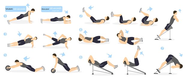 Entrenamiento de abdominales para hombres Hombre con ropa deportiva haciendo ejercicios de abdominales en el gimnasio Todo tipo de entrenamiento abdominal