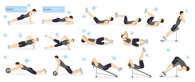 Entrenamiento de abdominales para hombres Hombre con ropa deportiva haciendo ejercicios de abdominales en el gimnasio Todo tipo de entrenamiento abdominal
