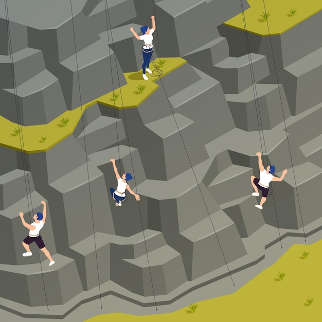 Entrenamiento de entrenamiento deportivo al aire libre de pared de escalada artificial utilizando la técnica de cuerda superior composición isométrica ilustración vectorial